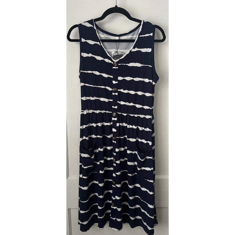 New Molerani Sundress Womens Large Pockets knee Length Dress Navy